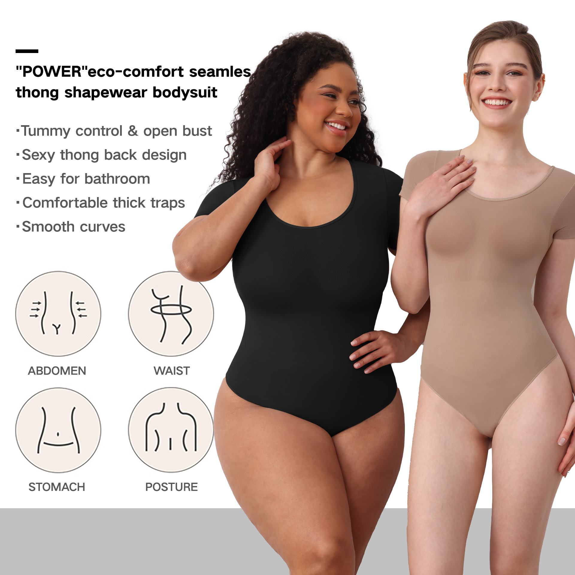 Short Sleeve Shaper Bodysuit - Tummy Control Lingerie Shapewear Thong Underwear